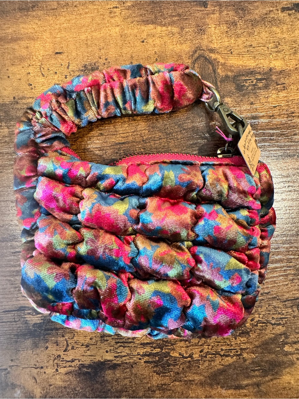 Natural Life Puffy Mini Clip On Pouch Teal/Pink Velvet Floral NWT